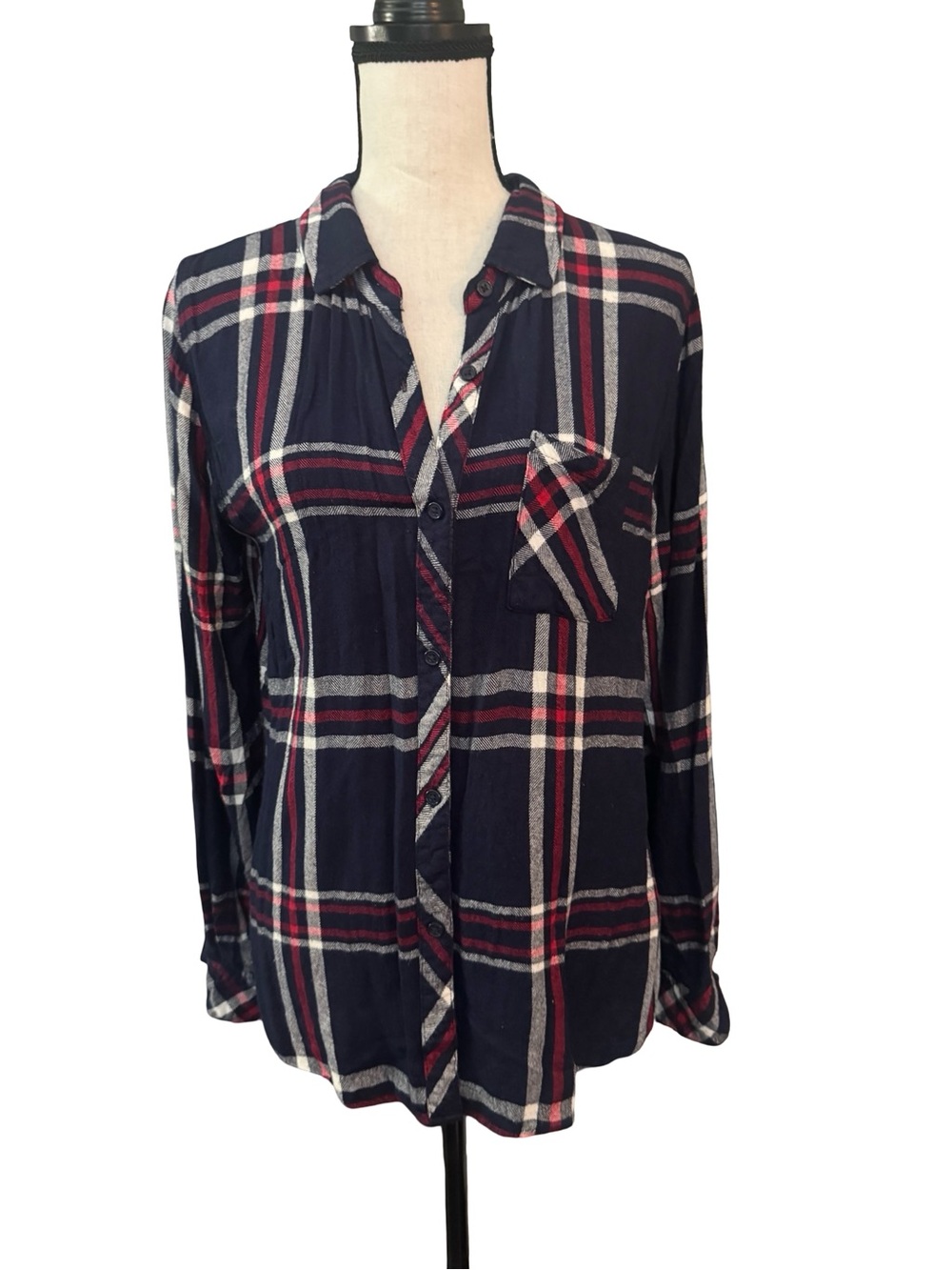 Rails Hunter Navy Red Plaid Button Front Rayon Shirt Pocket Top Small